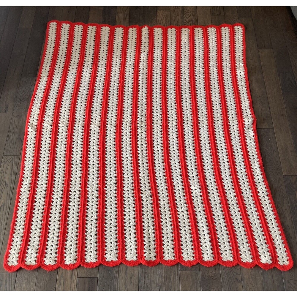 Vintage Handmade Afghan Blanket Crochet 49" x 63" Throw, Red & White Stripe